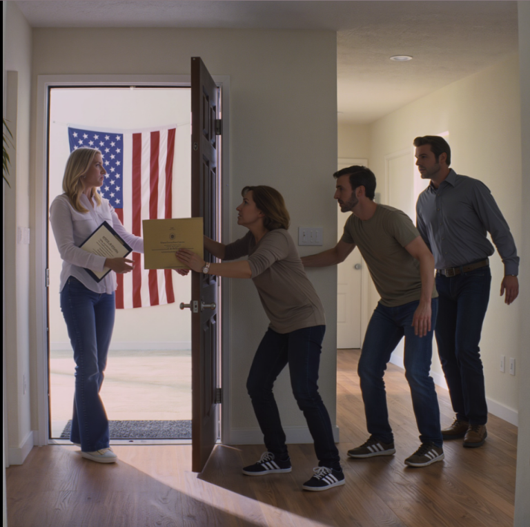 « Ouvre la porte, c'est chez ton frère ! » cria maman. Ils arrivèrent avec des papiers de prêt. J'ouvris la porte : huit années de remboursements et un appareil photo qui avait tout filmé.