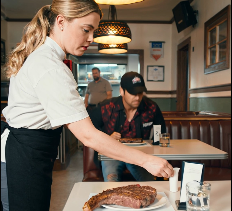 Le propriétaire, infiltré, commande un steak – la serveuse lui glisse discrètement un mot qui le fige sur place. Un silence s'installe.