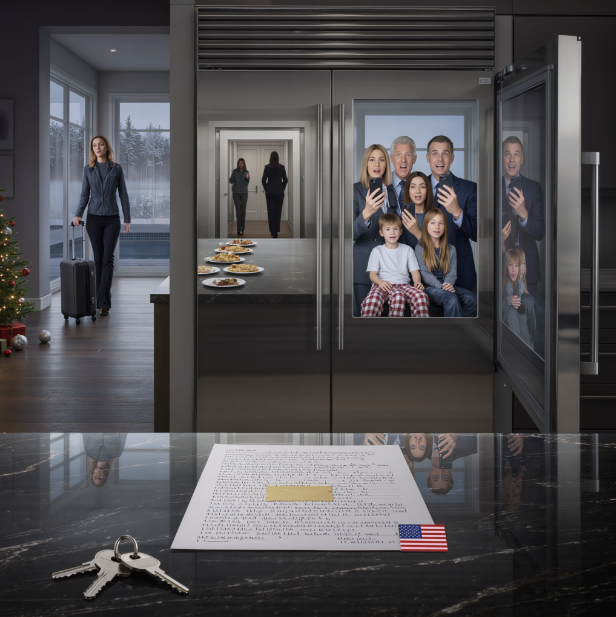 La veille de Noël, mon père leva son verre et dit : « Le plus beau cadeau serait que tu disparaisses de cette famille. » Un silence de mort s'abattit sur la pièce. Personne ne me défendit. Mon frère, lui, se mit à rire. Alors, j'obéis. Et quand ils se réveillèrent et découvrirent la maison vendue, le dîner de Noël annulé et une feuille de papier scotchée sur le frigo, même lui en resta bouche bée.