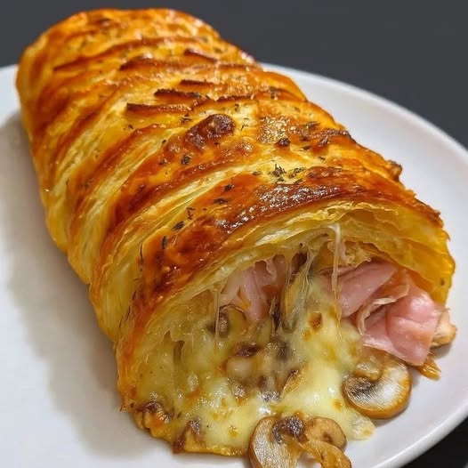 Tresse feuilletée aux champignons et au jambon