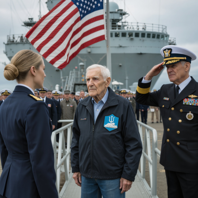 Un officier de la marine empêche un vétéran de monter à bord du navire, jusqu'à ce que l'amiral reconnaisse l'insigne et se fige.