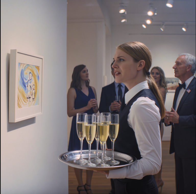 Je servais du champagne dans une galerie quand je l'ai vue. Une peinture que j'avais réalisée à six ans. Prix : 150 000 $. « Monsieur, ce tableau est à moi », ai-je dit. « Impossible », a ri le galeriste. Il a appelé la sécurité pour me faire expulser. Mais il a oublié de vérifier le message secret au dos de la toile.