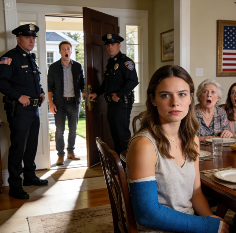 Au dîner familial, j’étais assise là, le bras cassé, incapable de manger. Ma belle-mère a dit : « Mon fils lui a donné une leçon.» Et sa sœur s’est vantée : « Elle se prenait pour la chef.» J’ai juste souri. Trente minutes plus tard, on a sonné à la porte et il a compris qui était le vrai patron ici.