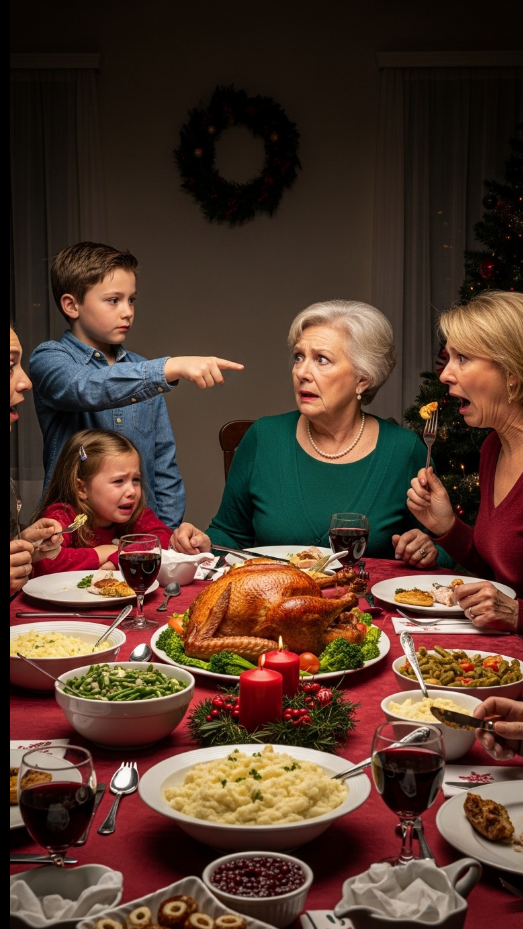 Au dîner de Noël, ma belle-mère s’est emportée contre ma fille de 5 ans. Tout le monde a continué à manger, comme si de rien n’était. Puis mon fils de 8 ans a levé les yeux et a demandé : « Mamie, est-ce que je peux leur montrer ce que tu m’as dit de cacher ? » Un silence de mort s’est installé dans la pièce.
