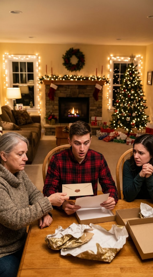 J'ai invité mon fils et sa femme à dîner pour Noël. Je lui ai offert une BMW et à elle un sac de marque. Mon fils a alors souri d'un air narquois et m'a dit : « Maman, ma femme m'a demandé de te donner une leçon. Pas de cadeaux pour toi. » Elle est restée assise, souriante. J'ai lentement sorti une enveloppe et j'ai dit : « Très bien, j'ai un autre cadeau pour vous deux. » Dès qu'il l'a ouverte, ses mains se sont mises à trembler…